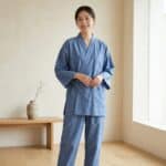 Jinbei femme en coton bleu doux, vêtement japonais porté de face