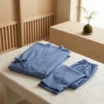 Jinbei femme en coton bleu doux, vêtement japonais porté de face