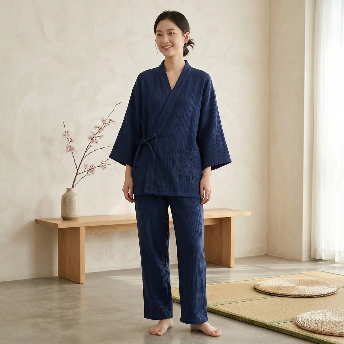 Jinbei femme en gaze de coton bleu marine, vêtement japonais porté de face