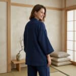 Jinbei femme en gaze de coton bleu marine, vêtement japonais porté de face