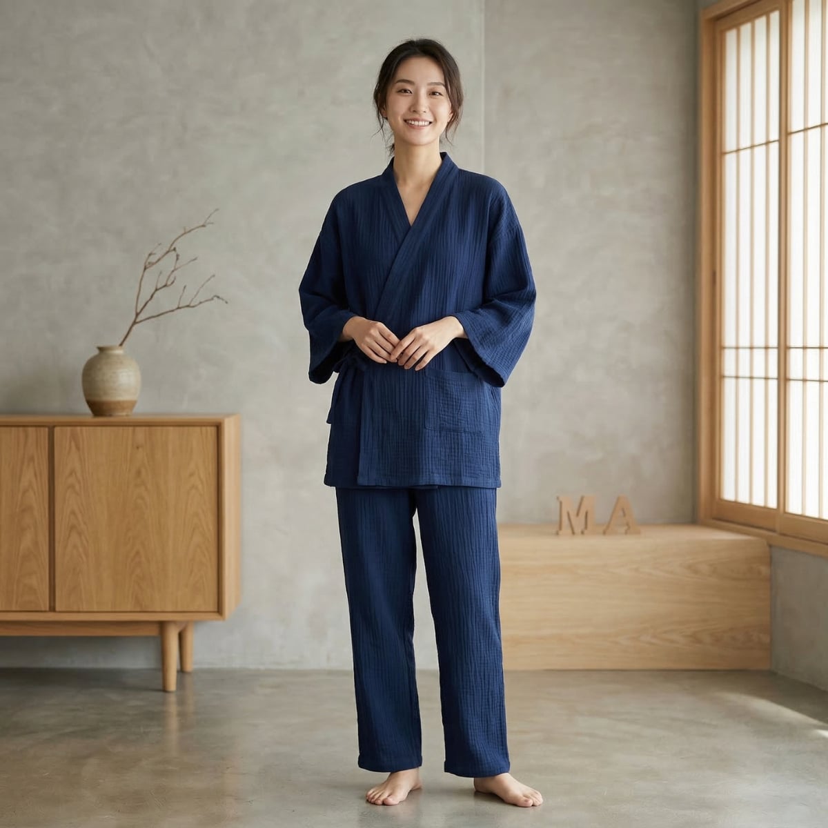 Femme portant un jinbei en gaze de coton bleu marine, dans un salon beige