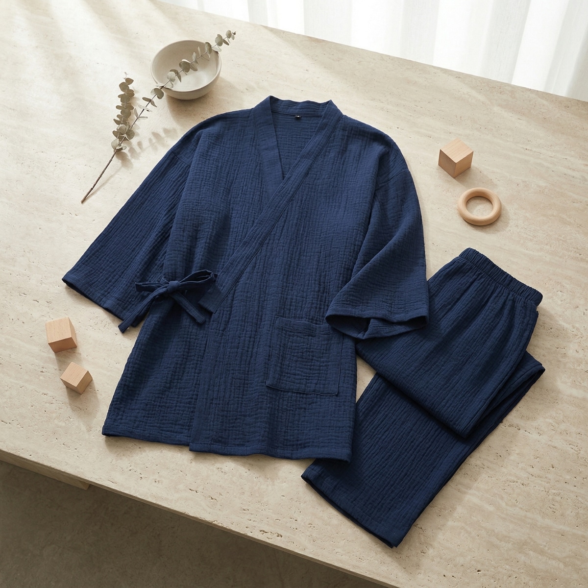 Jinbei femme en gaze de coton bleu marine, vêtement japonais porté de face