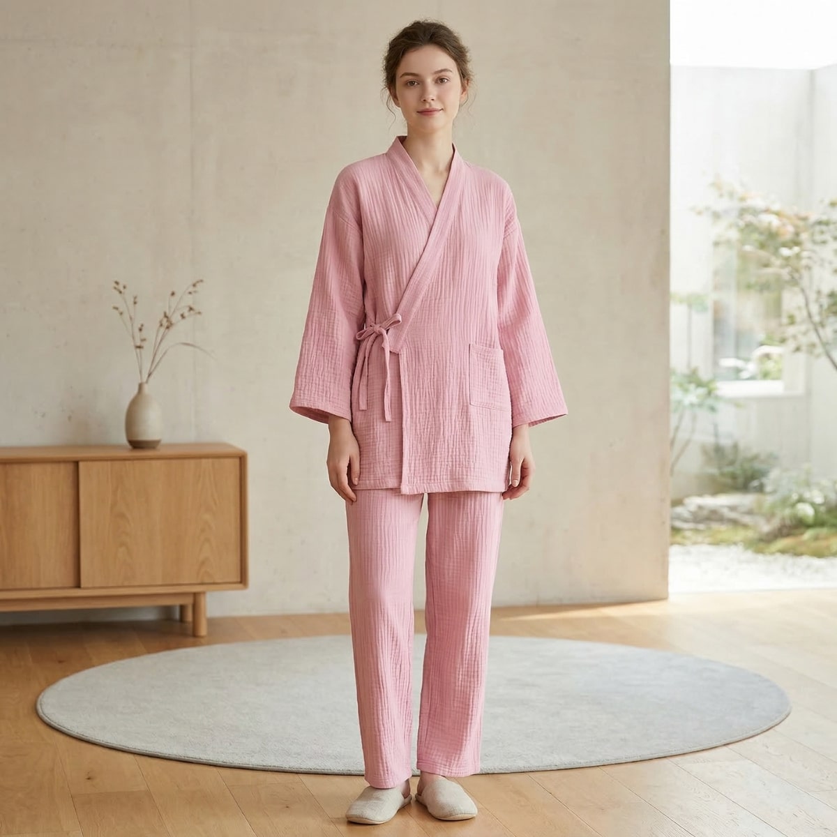 Femme portant un jinbei en gaze de coton rose, dans un salon beige