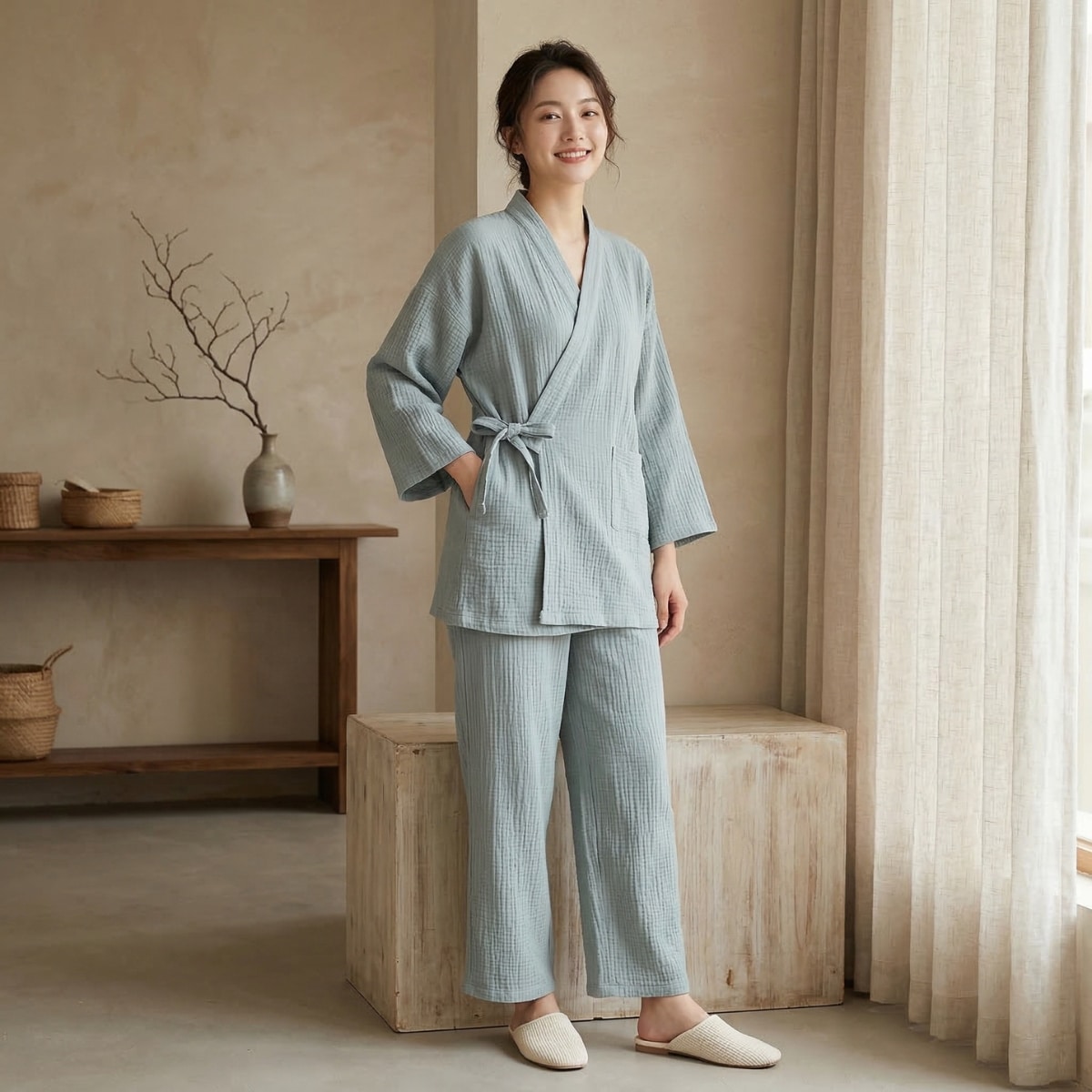 Femme portant un jinbei en gaze de coton vert sauge, dans un salon beige