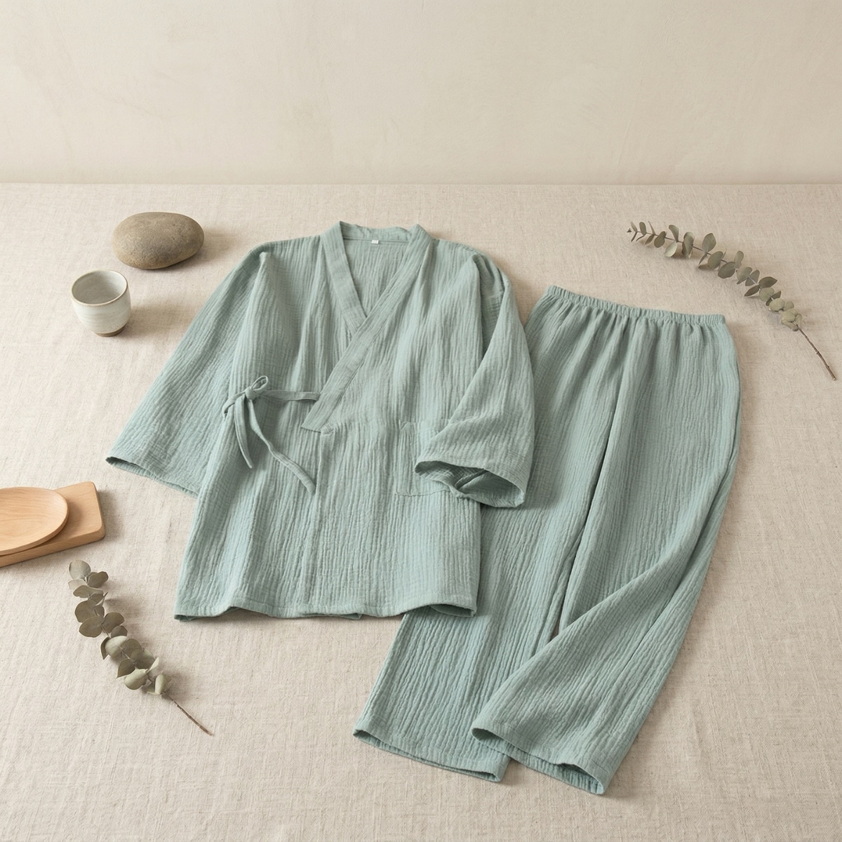 Jinbei femme en gaze de coton vert sauge, vêtement japonais porté de face