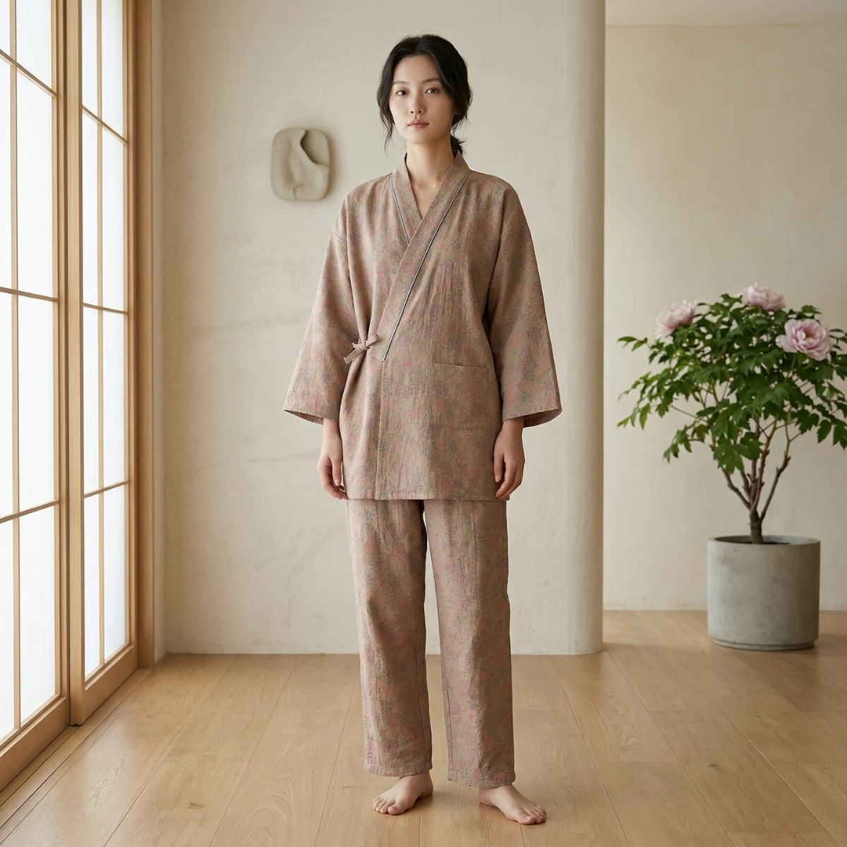Femme portant un jinbei en coton beige à motif floral, dans un salon beige
