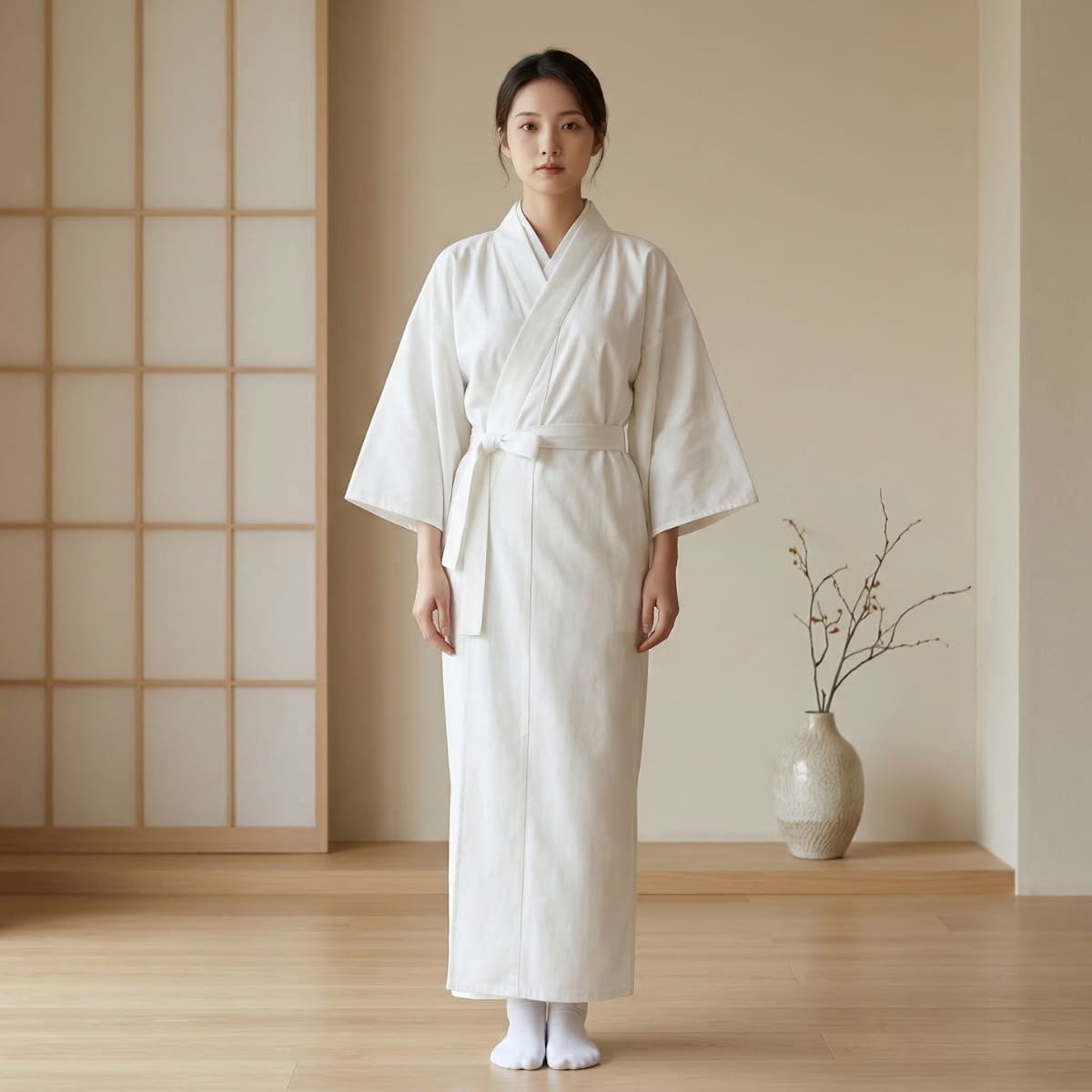 Femme portant un kimono blanc long dans une pièce beige