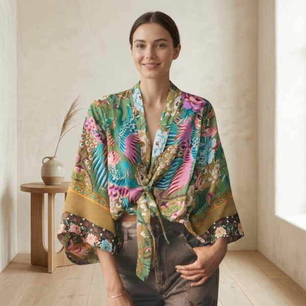Femme portant un kimono court noué à la taille dans les tons vert, au milieu d'un salon beige