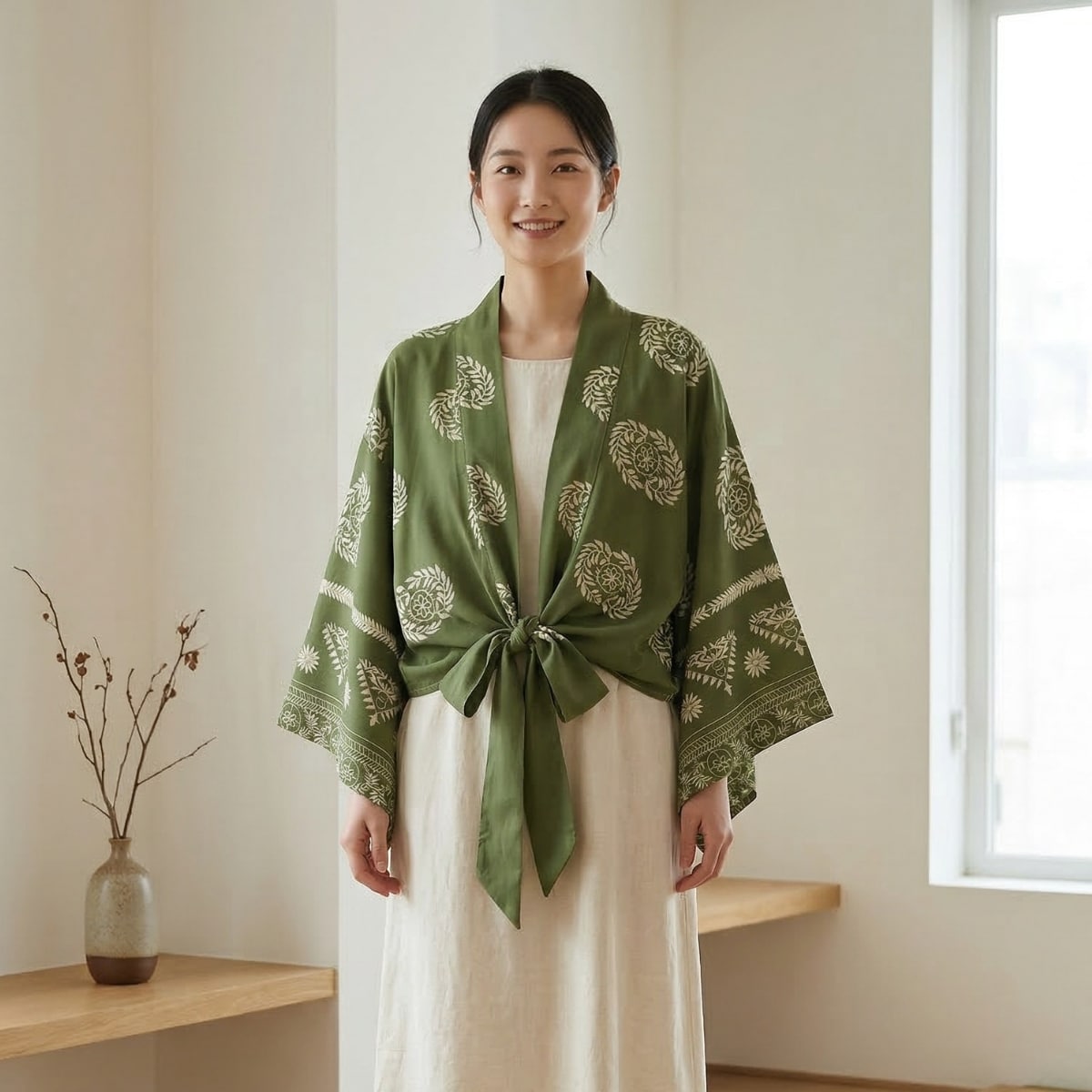 Femme portant un kimono court vert à motif feuilles, dans un salon beige