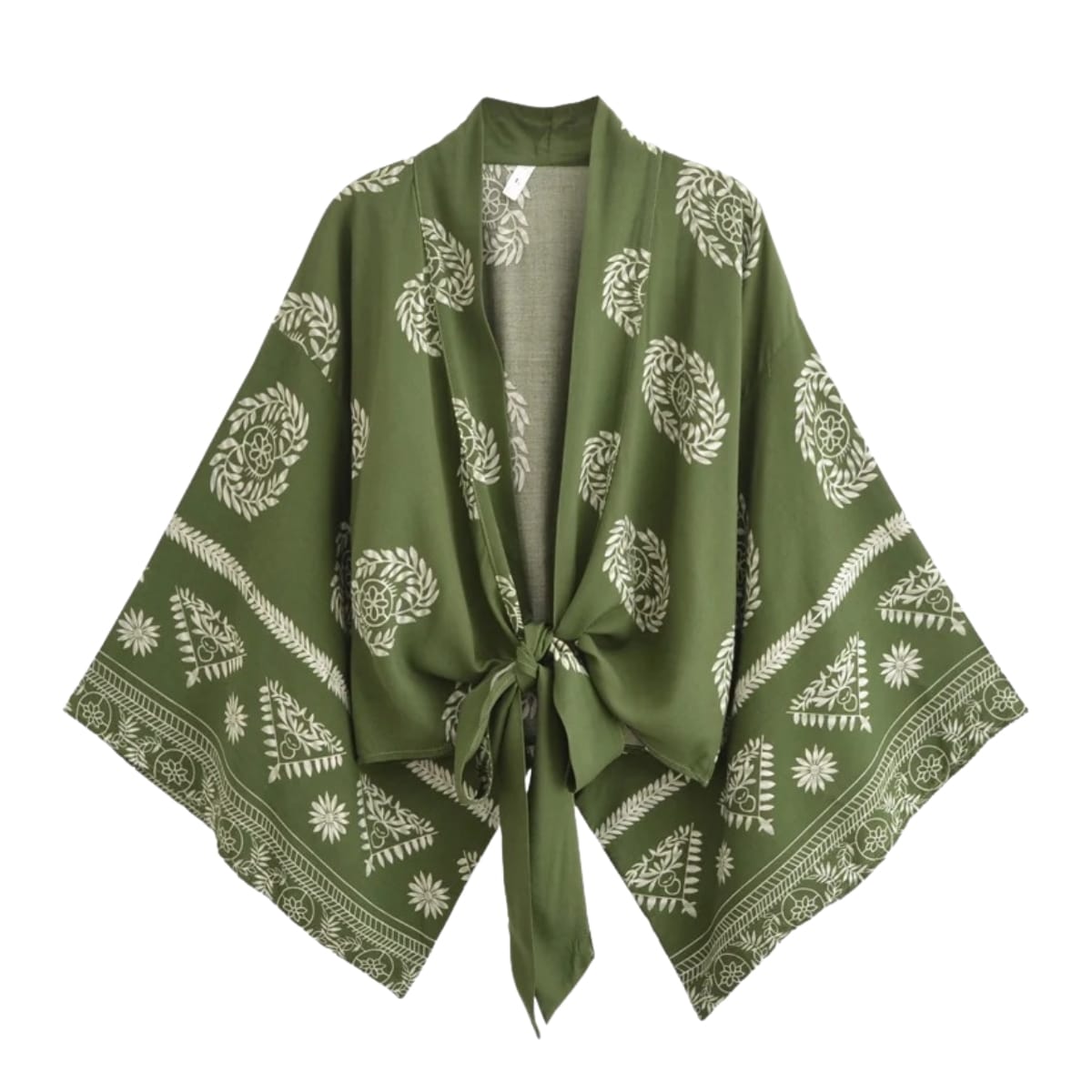 Kimono court pour femme vert à imprimé feuilles, kimono japonais porté de face