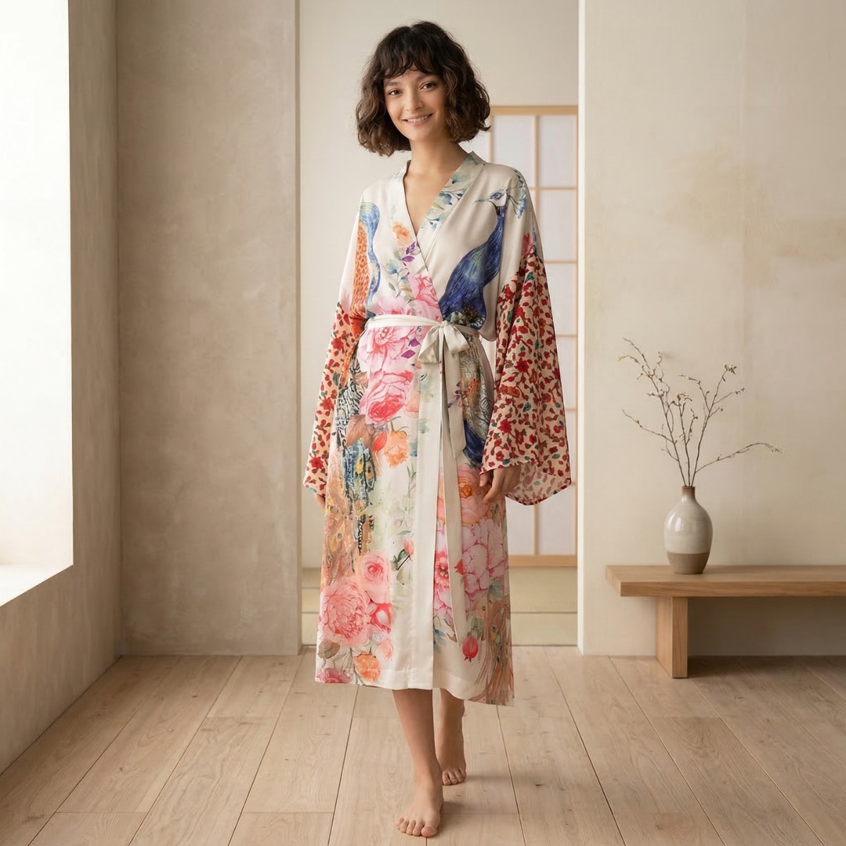 Femme portant un kimono fluide à motif fleurs et paon, dans une pièce beige