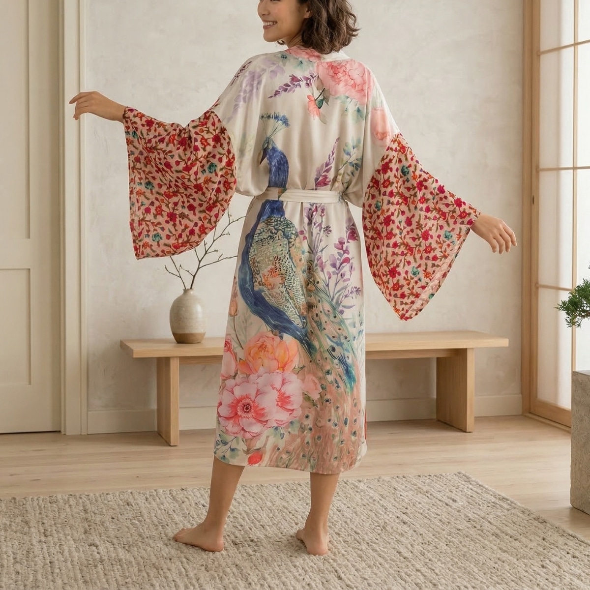 Kimono femme fluide et fleuri à motif paon, kimono japonais porté de face