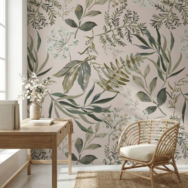 Papier peint japonais à motif feuilles botaniques, dans un bureau