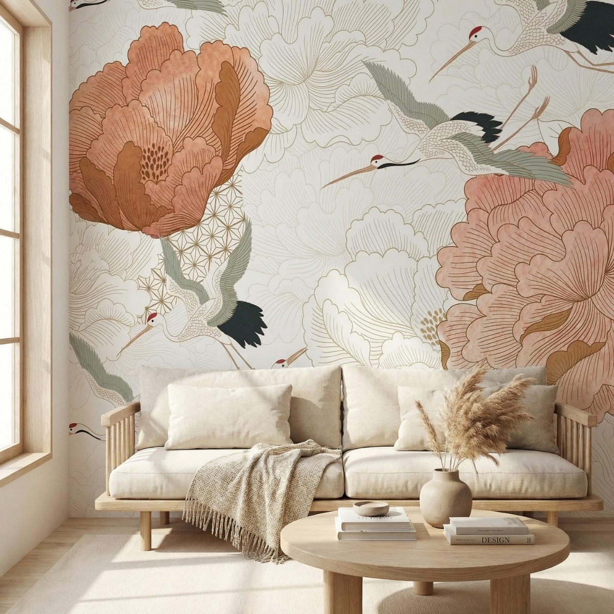 Papier peint japonais à motif oiseaux grues et fleurs, dans un salon