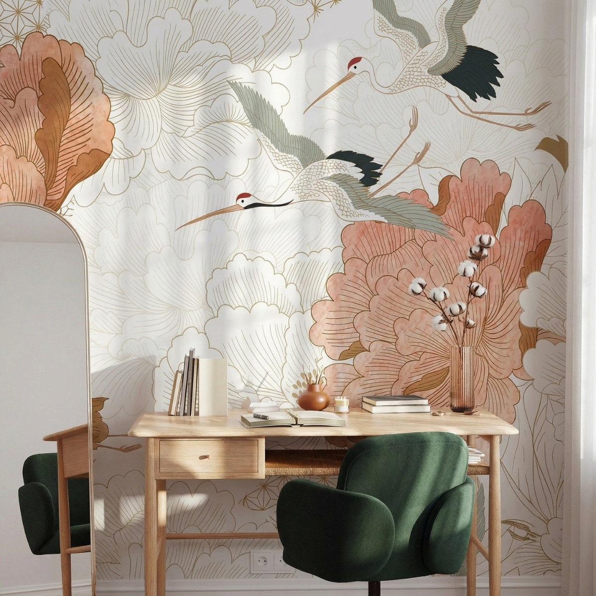 Papier peint japonais élégant à motif grues et pivoines terracotta — style japandi