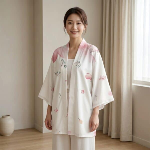 Femme portant une veste haori blanche à motif Sakura rose, dans un salon beige