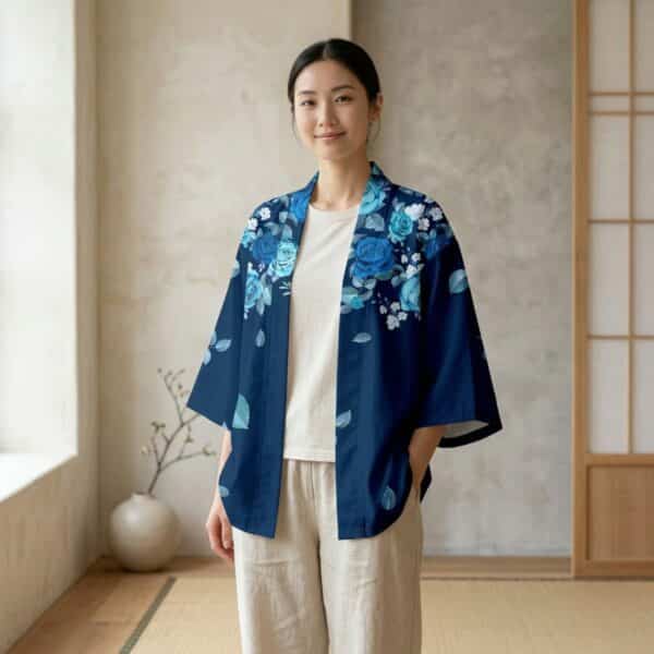 Femme portant une veste haori bleu marine à motif floral, dans un salon beige
