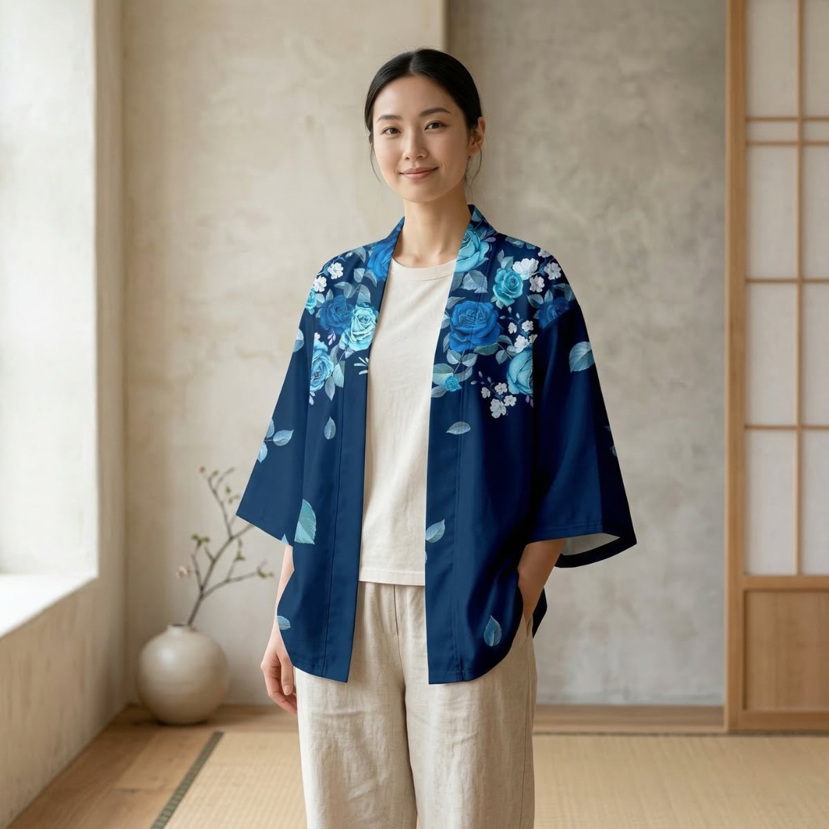 Femme portant une veste haori bleu marine à motif floral, dans un salon beige