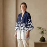 Femme portant une veste haori bleu marine et blanche, dans un salon beige