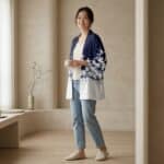 Veste haori femme fleurs de cerisier bleu marine et blanc, vêtement japonais porté de face