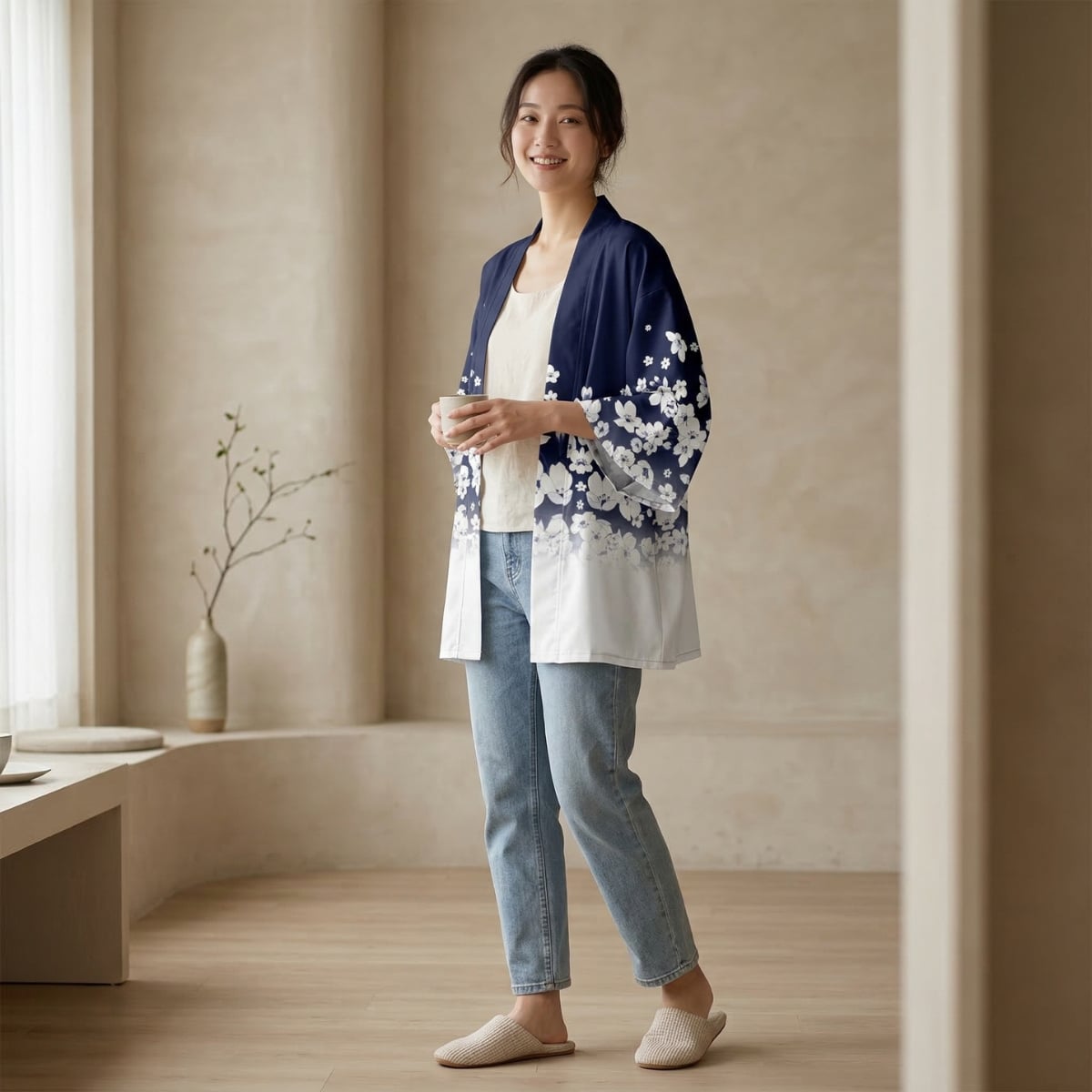 Veste haori femme fleurs de cerisier bleu marine et blanc, vêtement japonais porté de face
