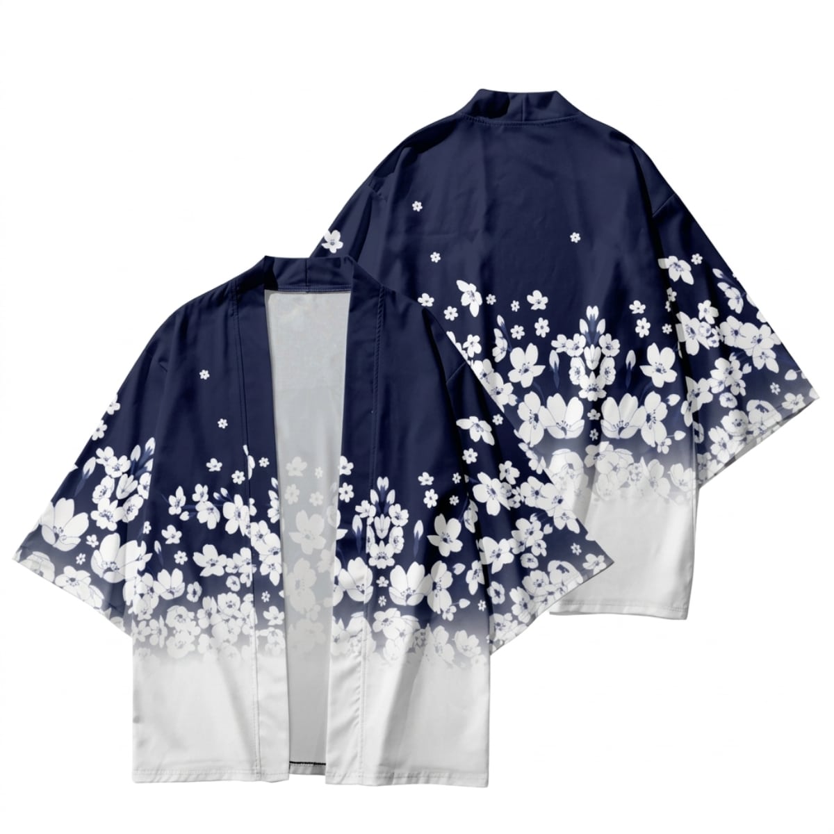 Veste haori femme fleurs de cerisier bleu marine et blanc, vêtement japonais porté de face