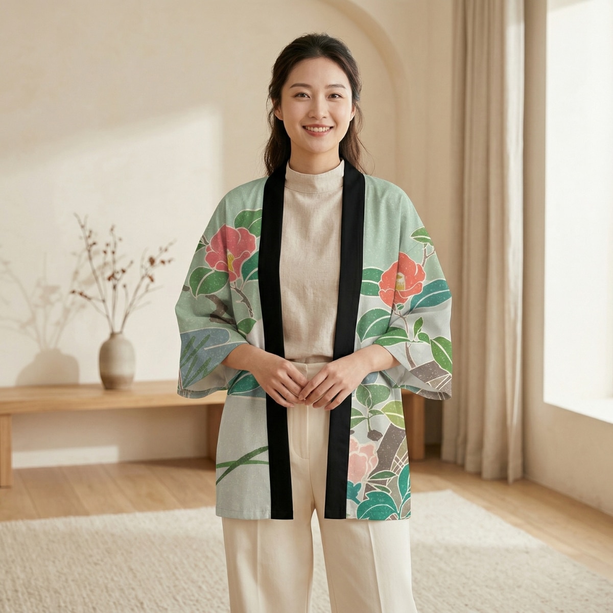 Femme portant une veste haori verte à motif floral, dans un salon beige