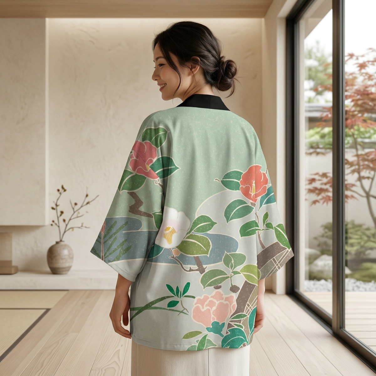 Veste haori femme imprimé pivoine sur fond vert sauge, vêtement japonais porté de face