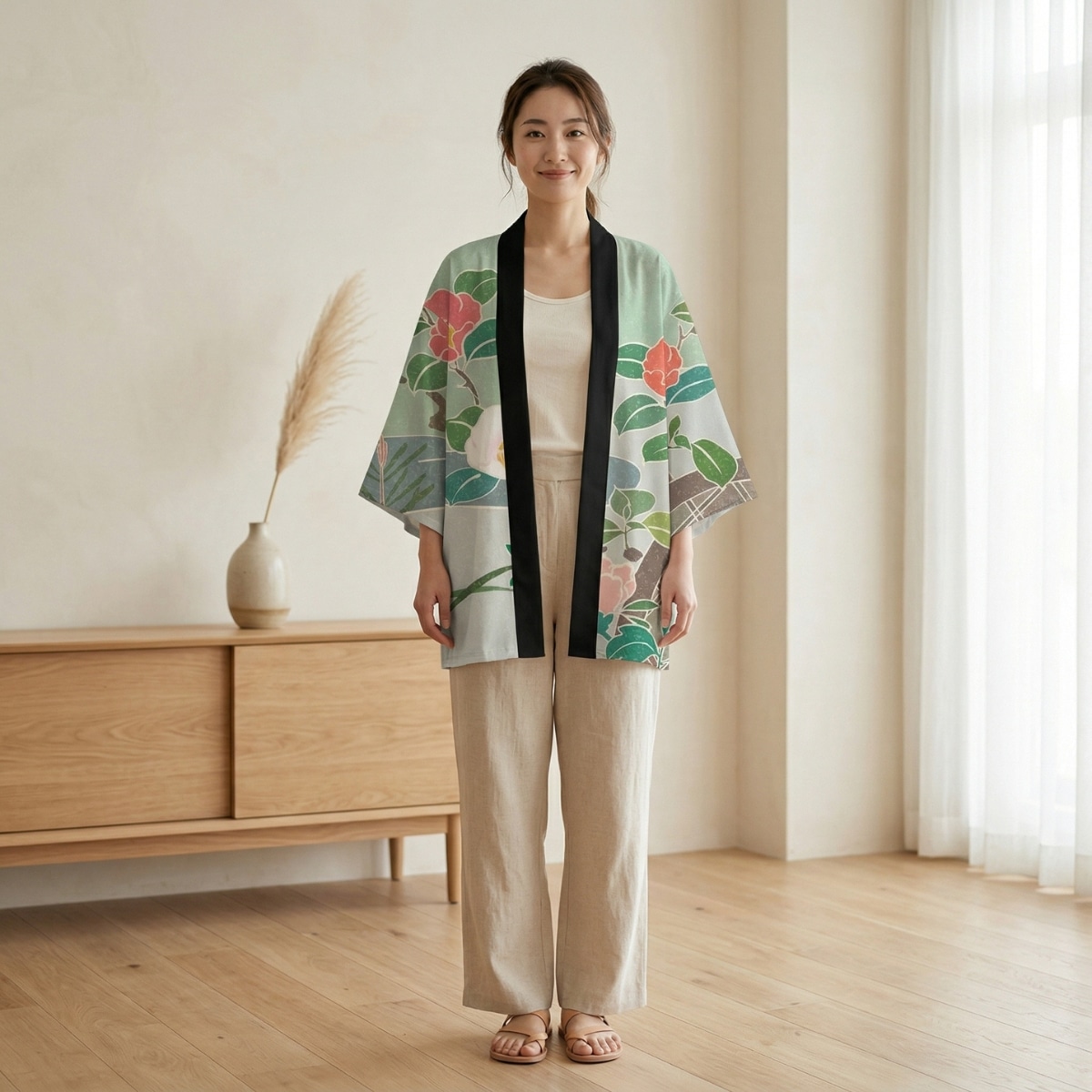 Veste haori femme imprimé pivoine sur fond vert sauge, vêtement japonais porté de face