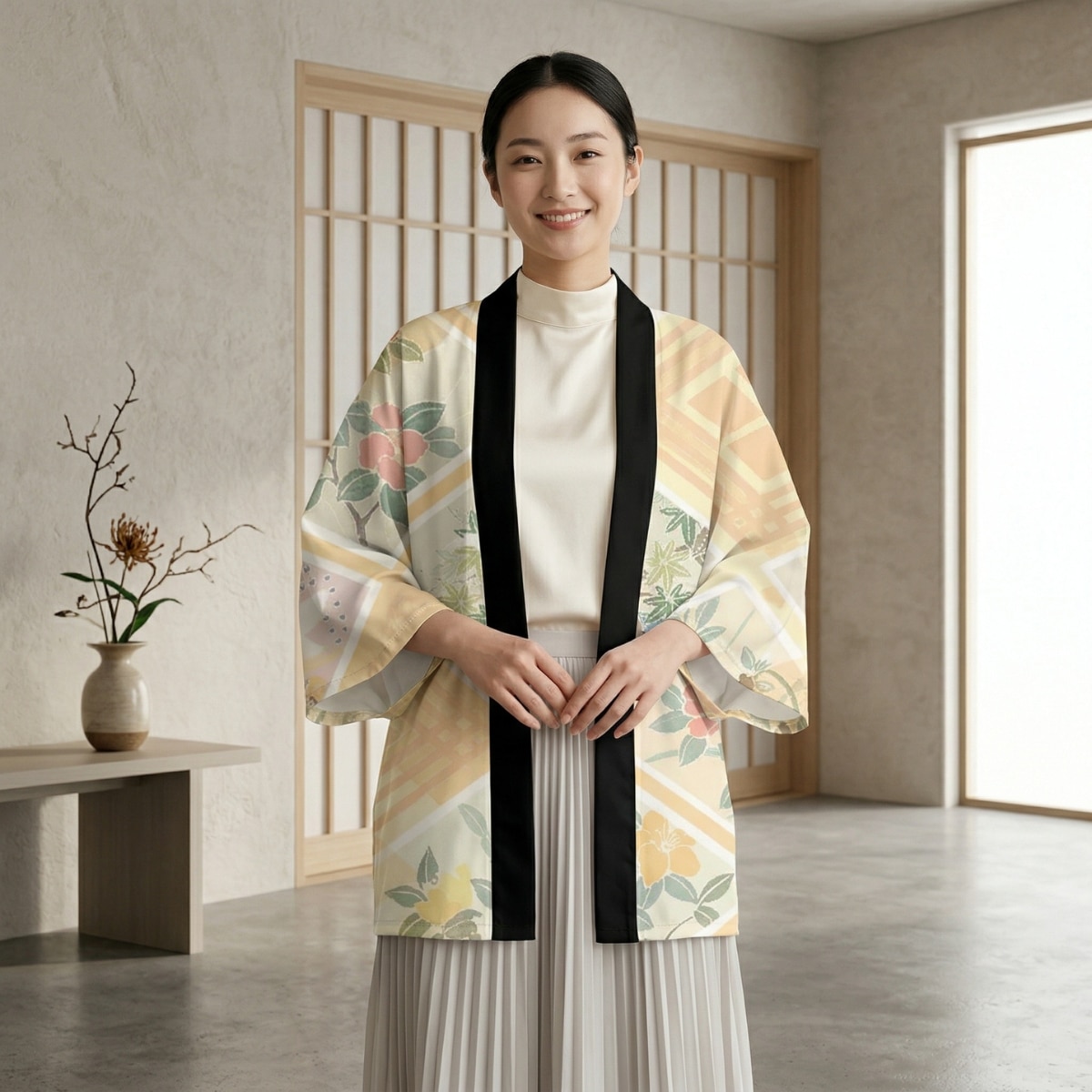 Femme portant une veste haori dans les tons jaunes, à motif floral, dans un salon japandi