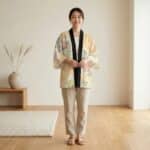 Veste haori femme jaune à motif floral zen, vêtement japonais porté de face