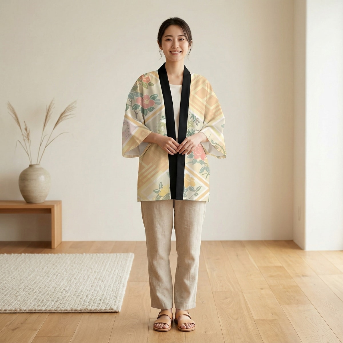 Veste haori femme jaune à motif floral zen, vêtement japonais porté de face
