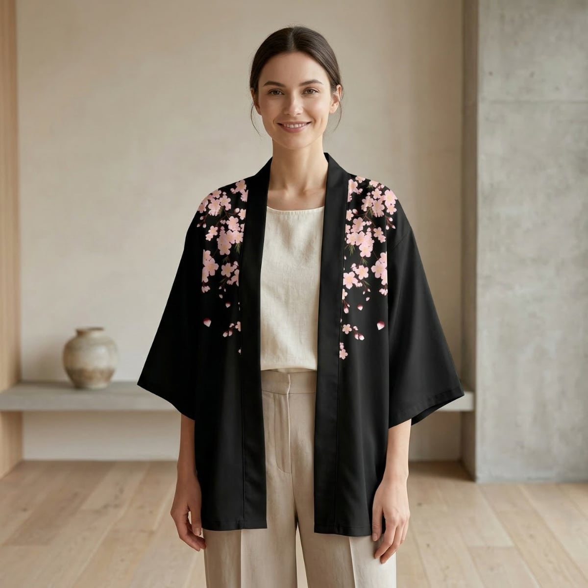 Femme portant une veste haori noire à motif fleuri, dans un salon beige