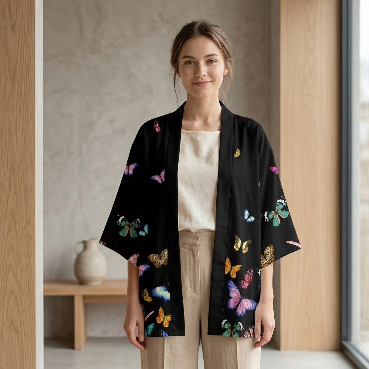 Femme portant une veste haori noire à motifs papillons, dans un salon beige