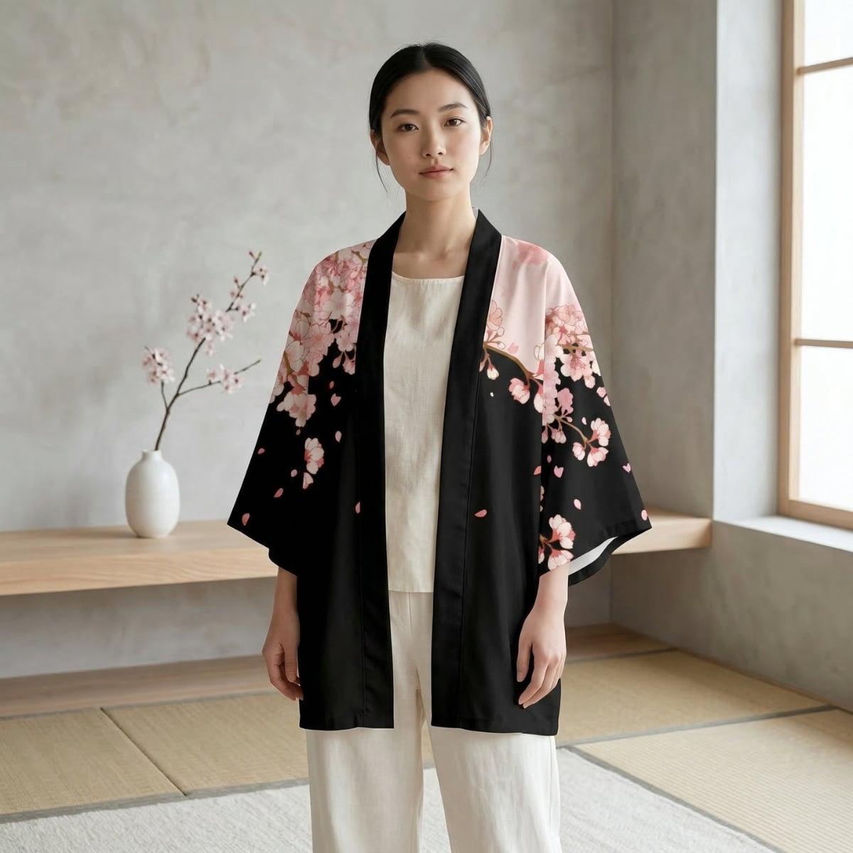 Femme portant une veste haori noir à motif Sakura, dans un salon beige