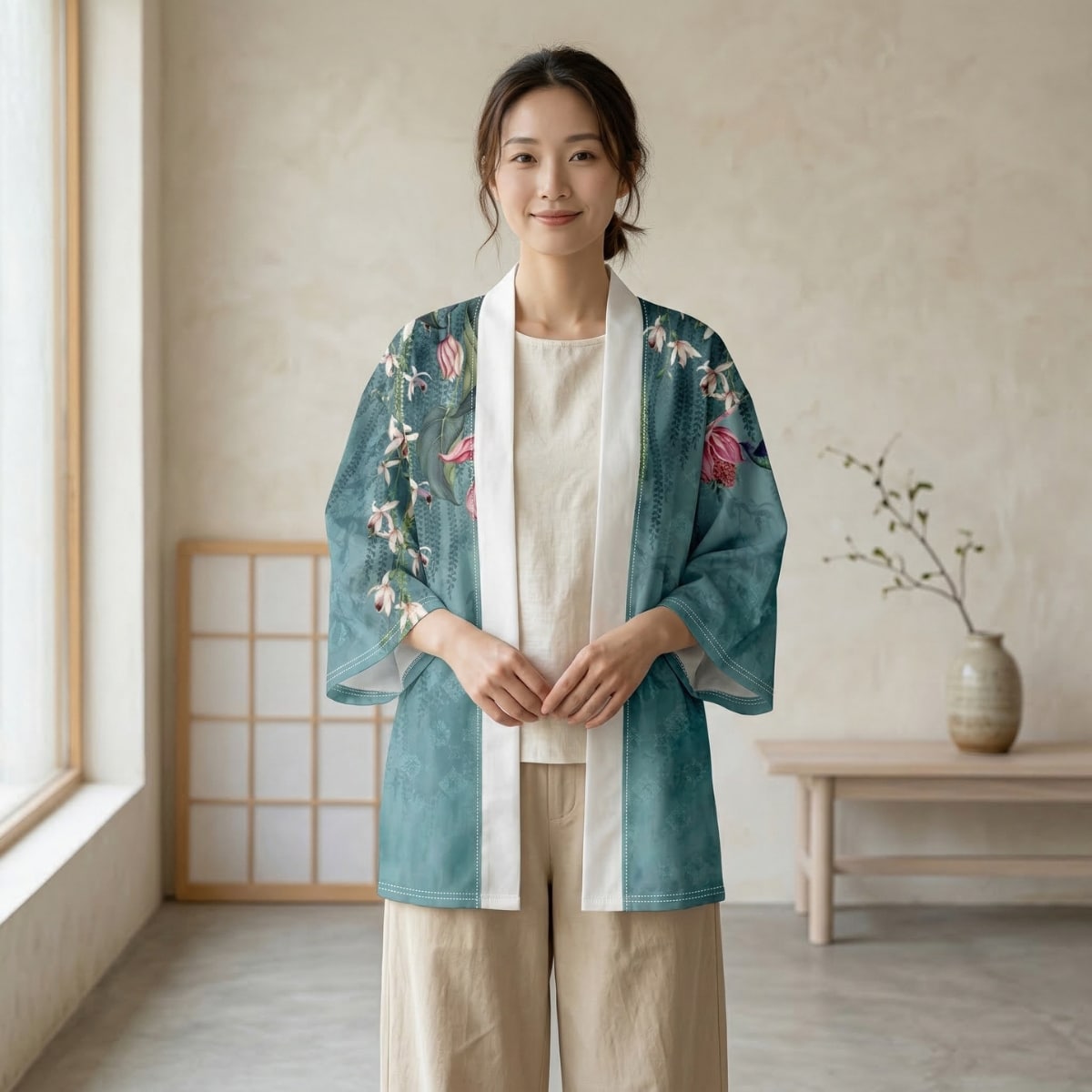 Femme portant une veste haori verte avec un liseré blanc, dans un salon beige