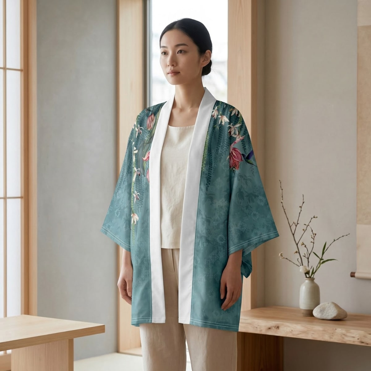 Veste haori femme vert sauge à imprimé floral, vêtement japonais porté de face