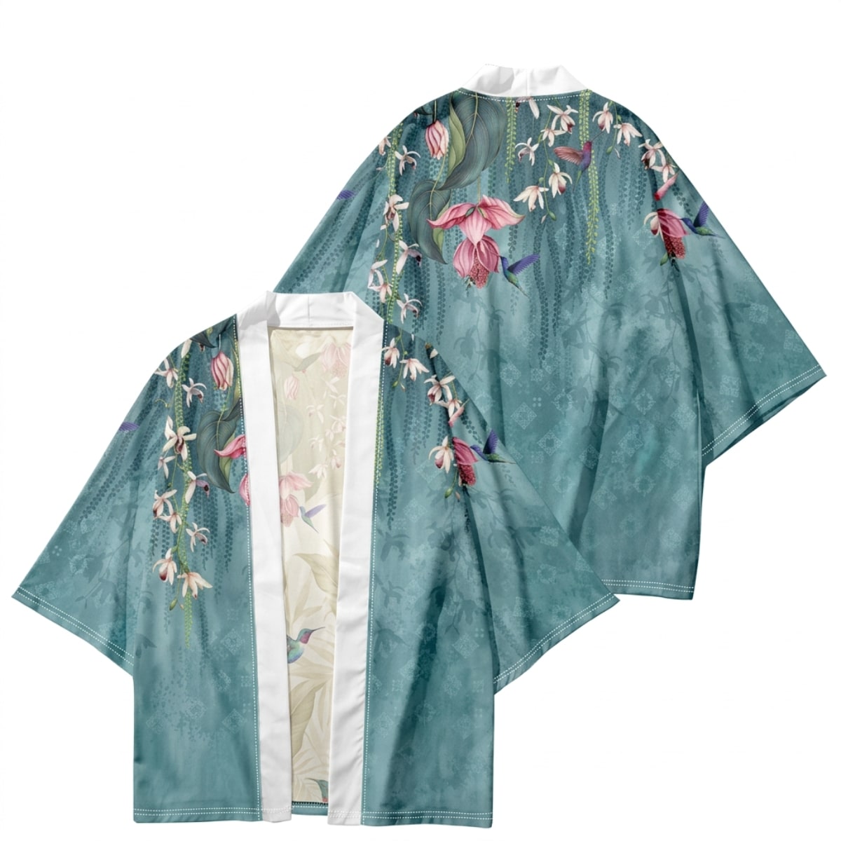 Veste haori femme vert sauge à imprimé floral, vêtement japonais porté de face