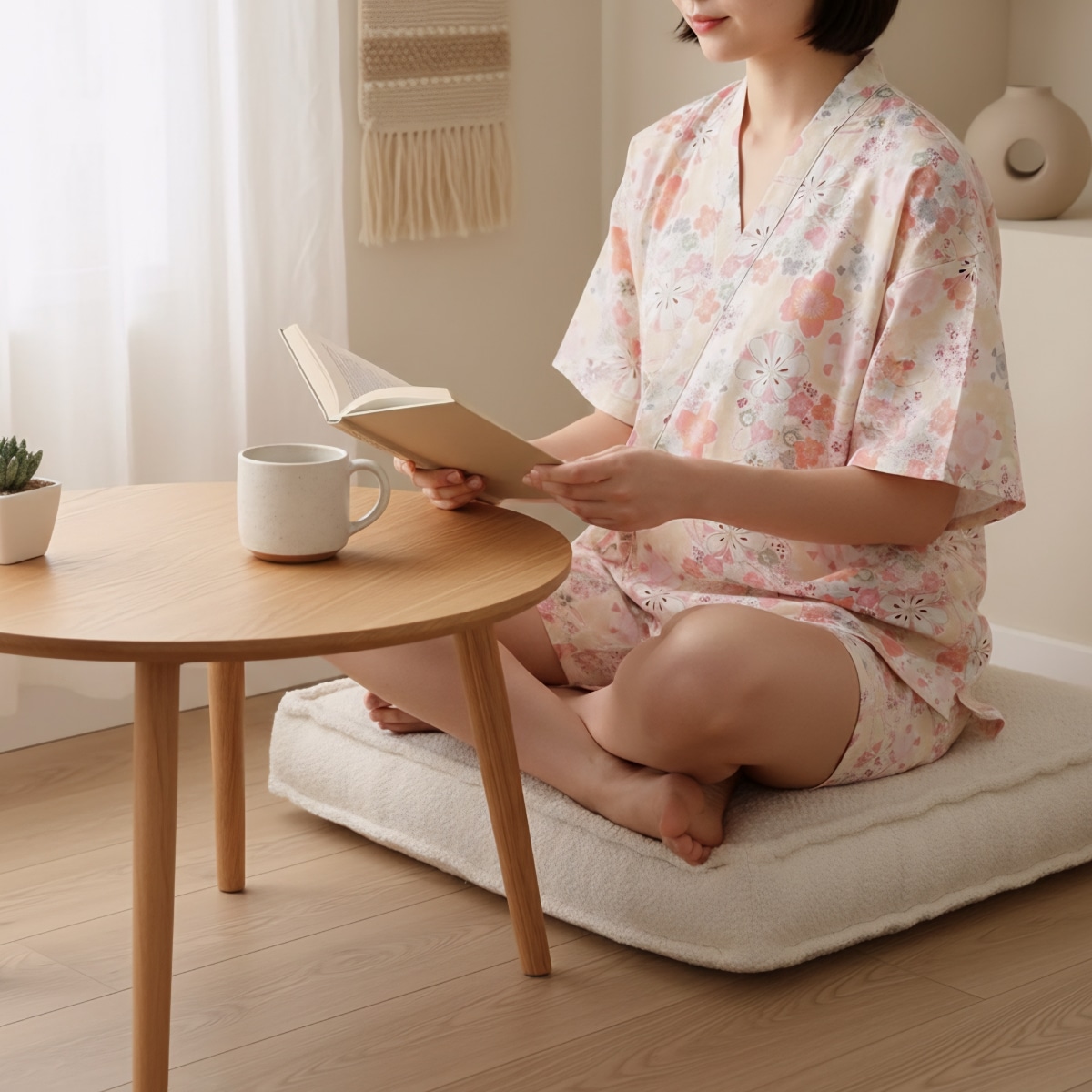 Pyjama japonais à fleurs avec short pour femme — style japandi