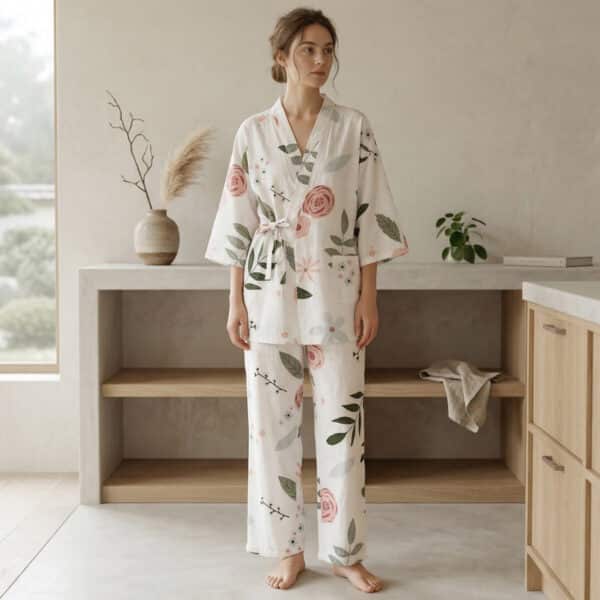 Une jeune femme portant un pyjama japonais à imprimé floral botanique pour femme composé d'un haut style kimono et d'un pantalon fluide blanc décoré de grandes fleurs roses et de feuilles vertes, dans une pièce lumineuse au décor épuré bois et béton.