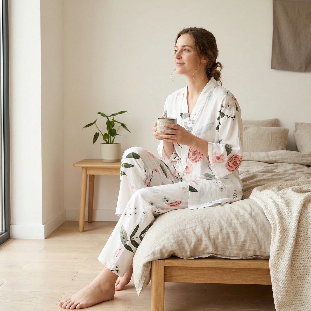 Pyjama japonais à imprimé floral botanique pour femme — style japandi