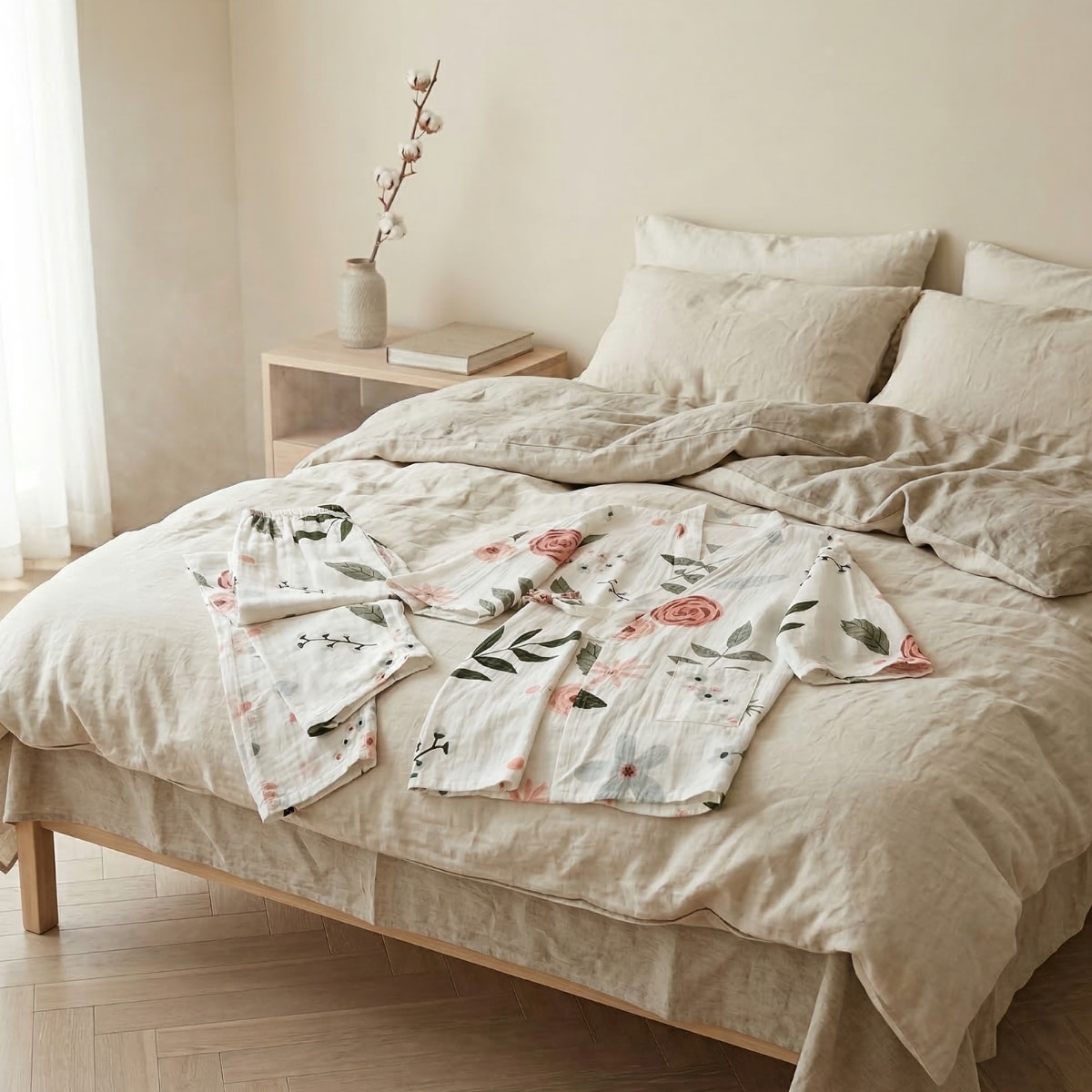 Pyjama japonais à imprimé floral botanique pour femme — style japandi
