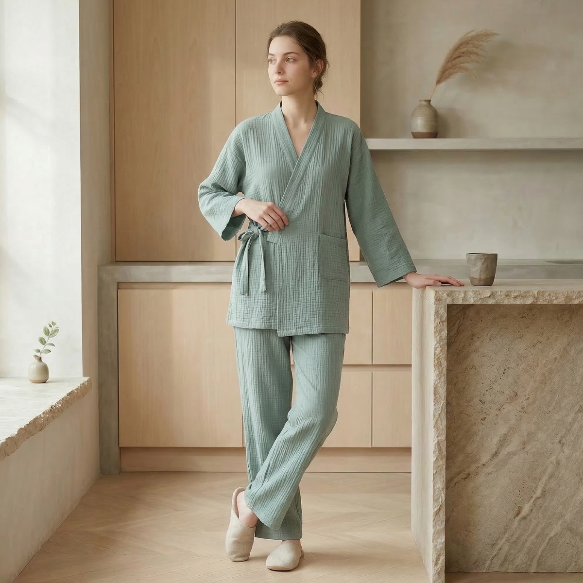 Une jeune femme portant un pyjama japonais en coton et à couleur unie pour femme de couleur verte, composé d'une veste croisée nouée sur le côté et d'un pantalon fluide, dans une pièce lumineuse au décor minimaliste en bois et pierre.