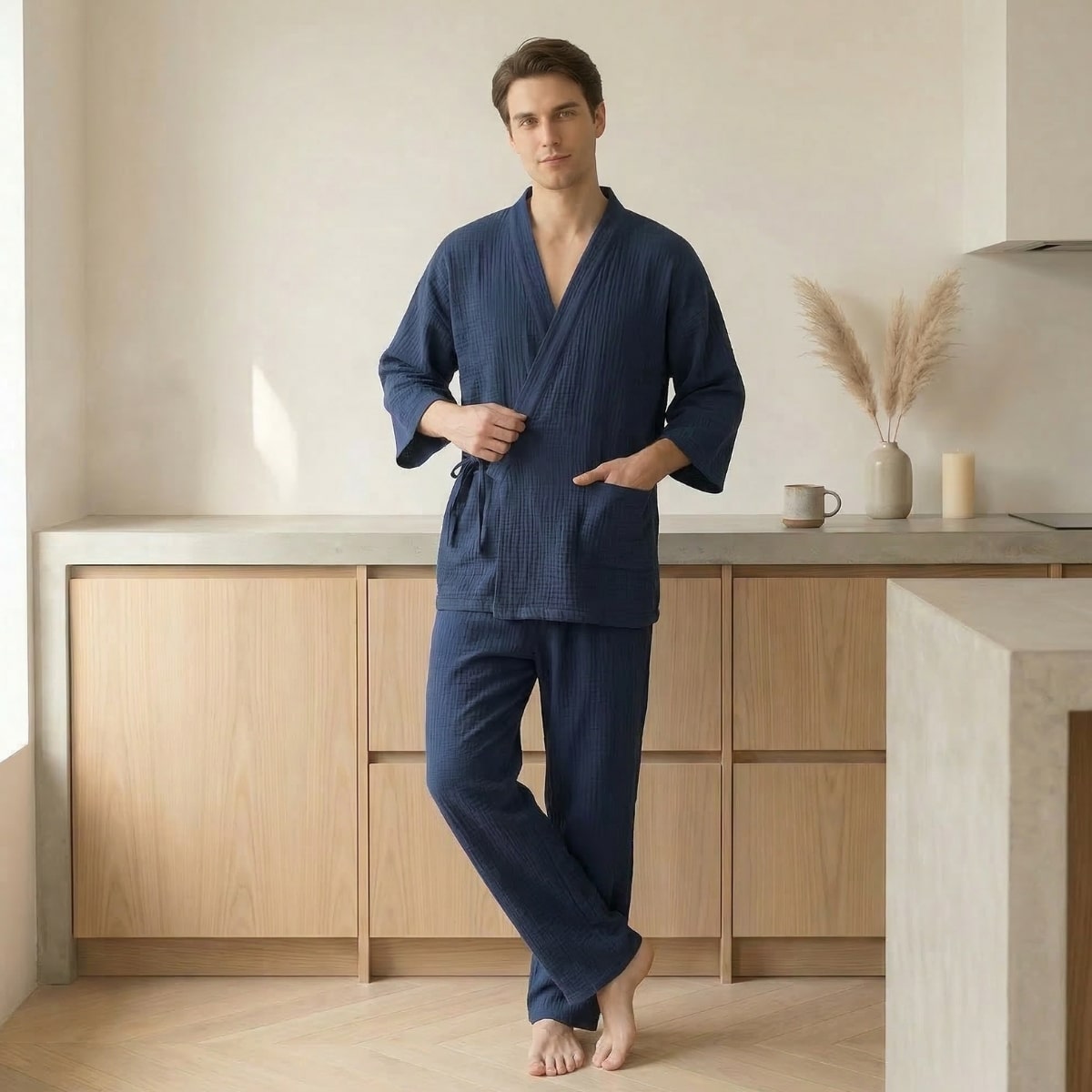 Un homme portant un pyjama japonais en coton et à couleur unie pour homme de couleur bleu marine, composé d'une veste croisée et d'un pantalon fluide, debout dans une cuisine lumineuse et moderne au décor épuré.