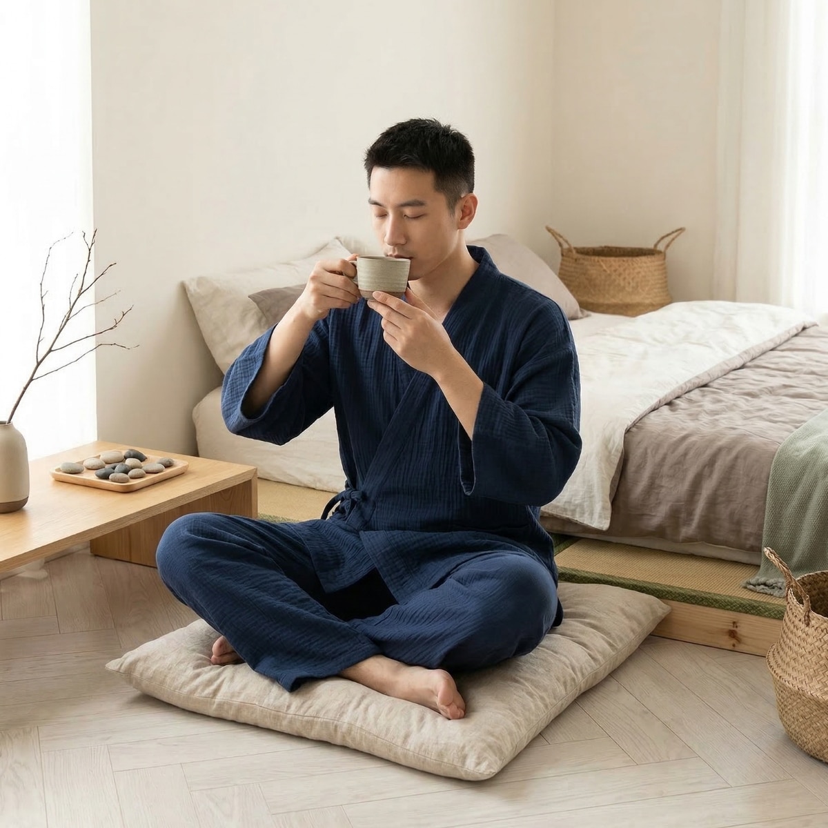 Pyjama japonais en coton et à couleur unie pour homme — style japandi