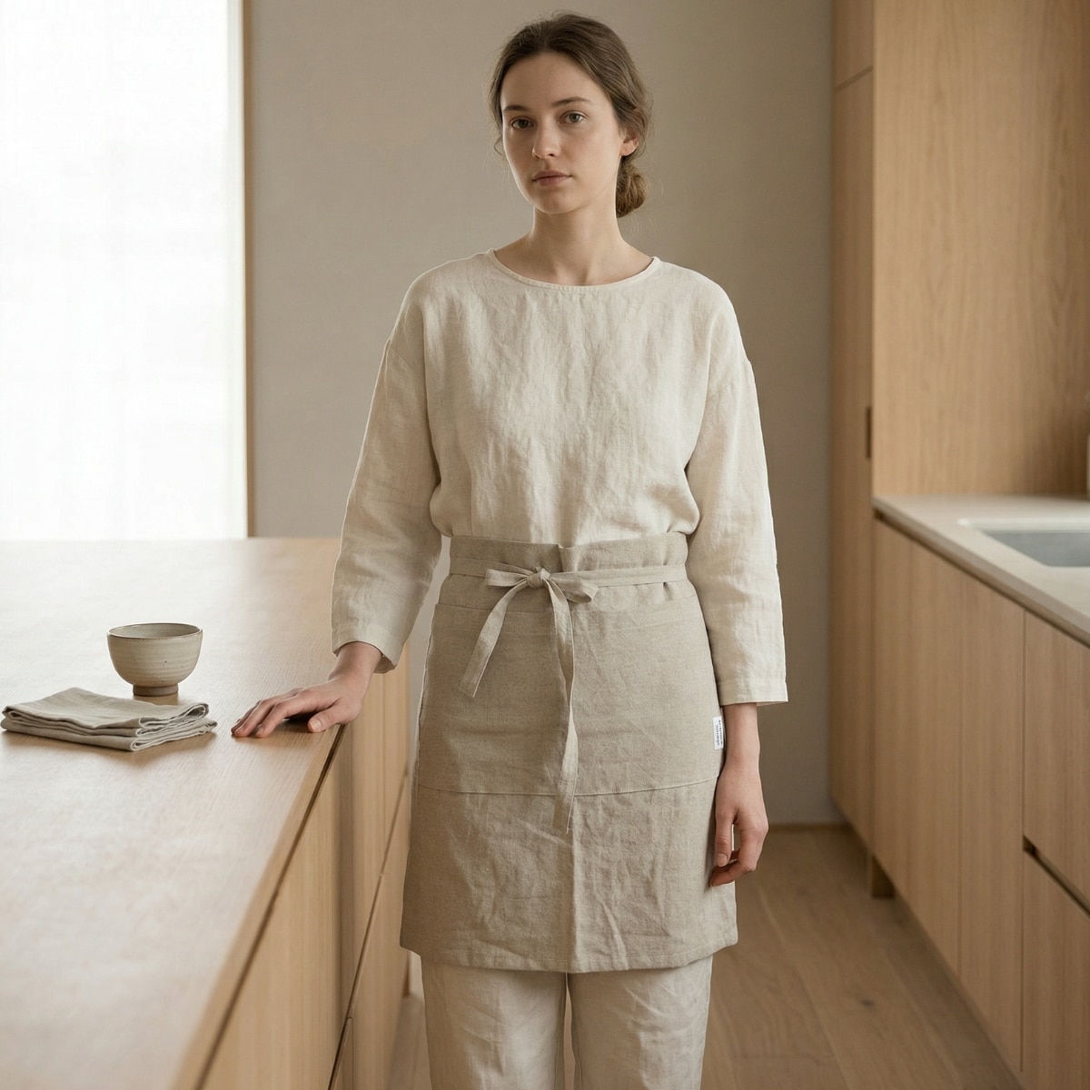 Une jeune femme portant un tablier japonais de taille en lin et coton de couleur beige avec un nœud à la ceinture, dans une cuisine lumineuse et épurée au mobilier en bois clair.