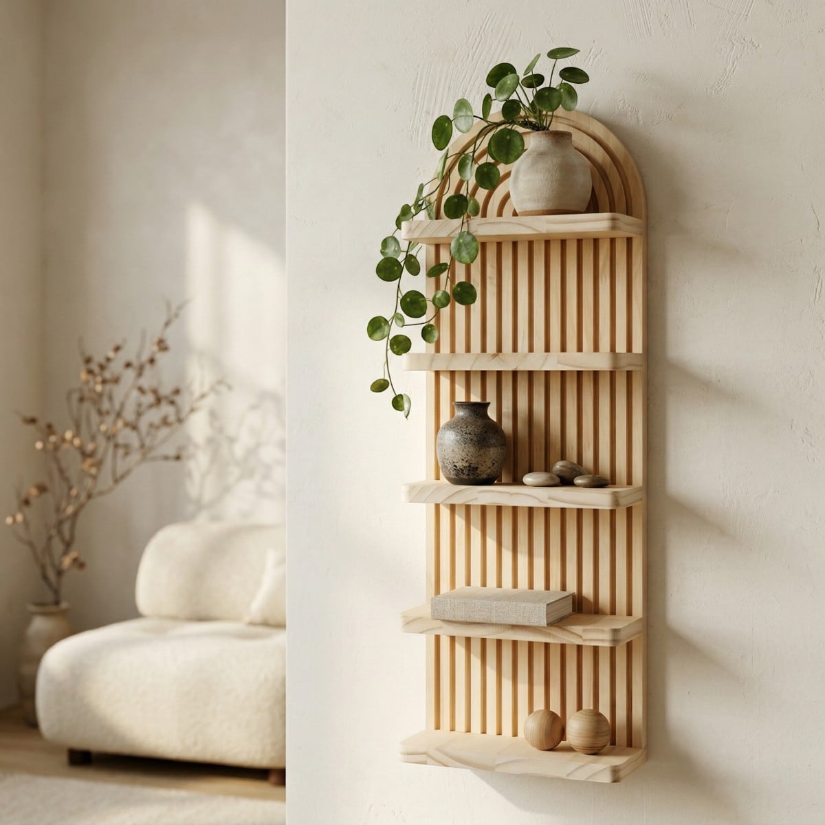 Étagère Japandi bois naturel design épuré — style japandi
