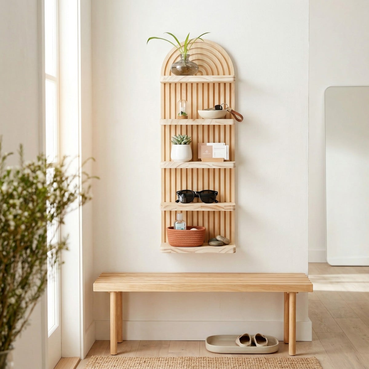Étagère Japandi bois naturel design épuré — style japandi