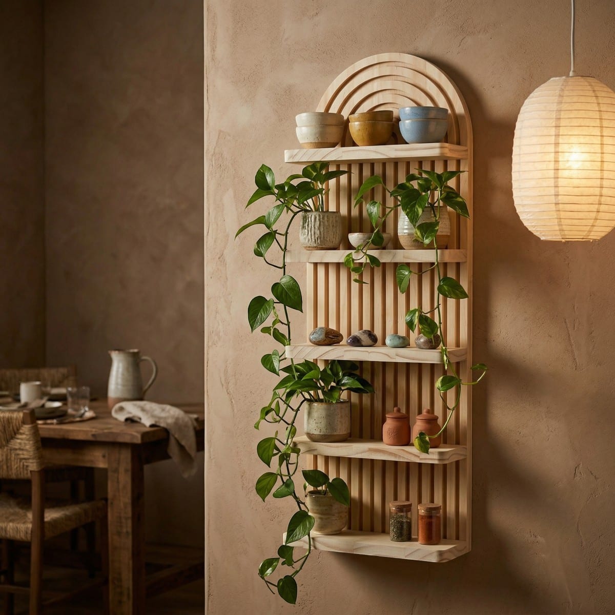 Étagère Japandi bois naturel design épuré — style japandi