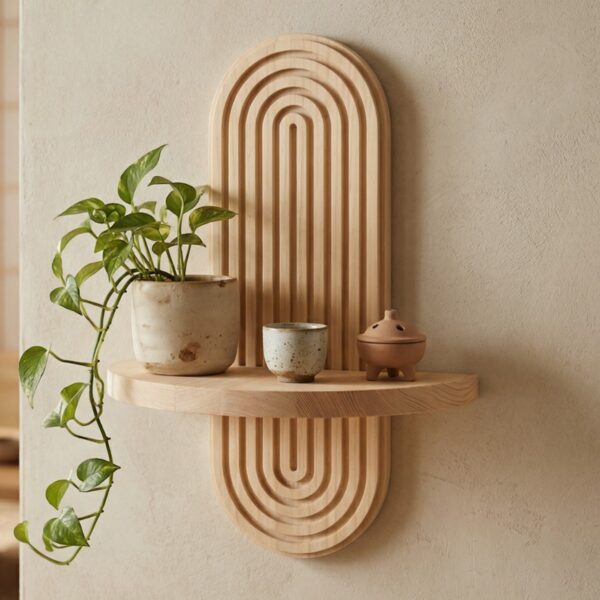 Sur un mur beige, l’Étagère Japandi murale arc minimaliste en bois présente une forme arrondie en bois clair. Une plante et un bol repose sur la tablette.